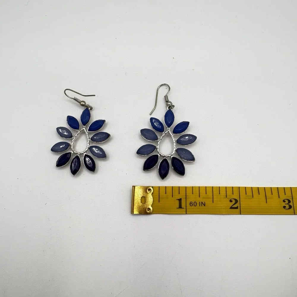 Boho‎ Dangle Earrings Blue Marquise Stones Silver Tone Teardrop Flower Design